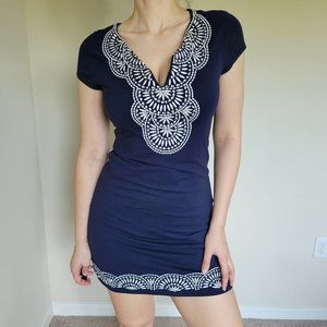 Embroidered Capped Sleeve Navy Dress